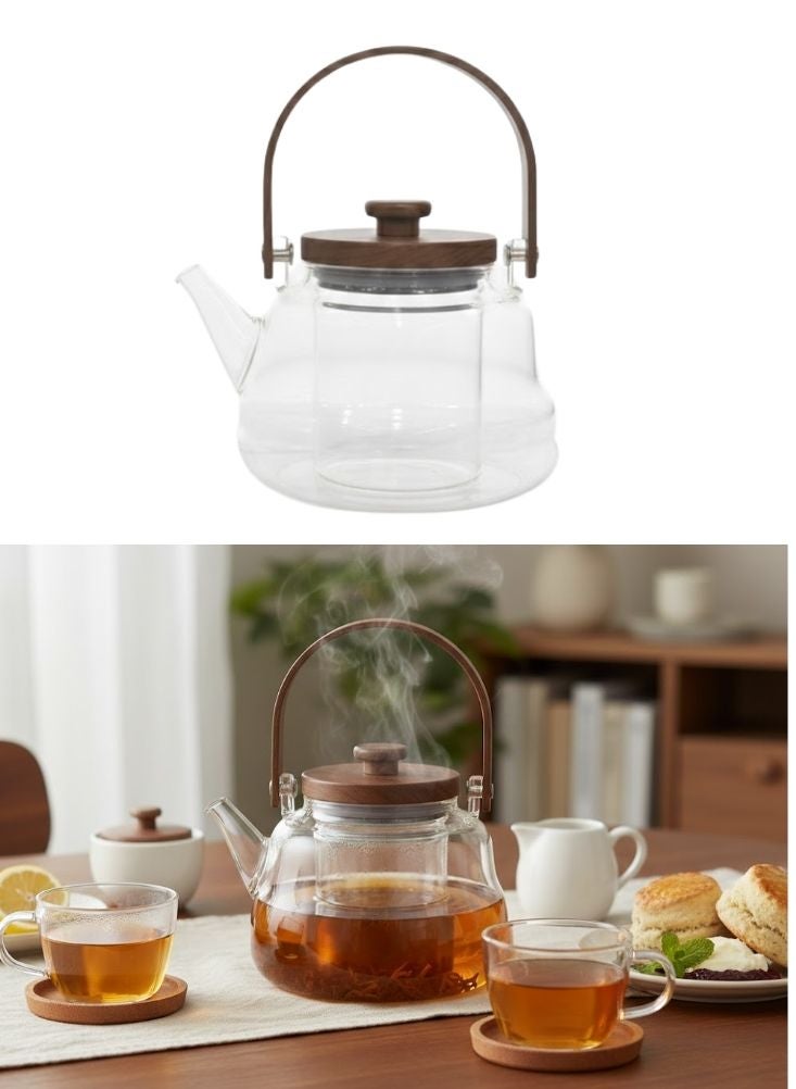 بريميم إبريق شاي زجاجي بمقبض وغطاء خشبيين لتحضير وتقديم الشاي - Image 1